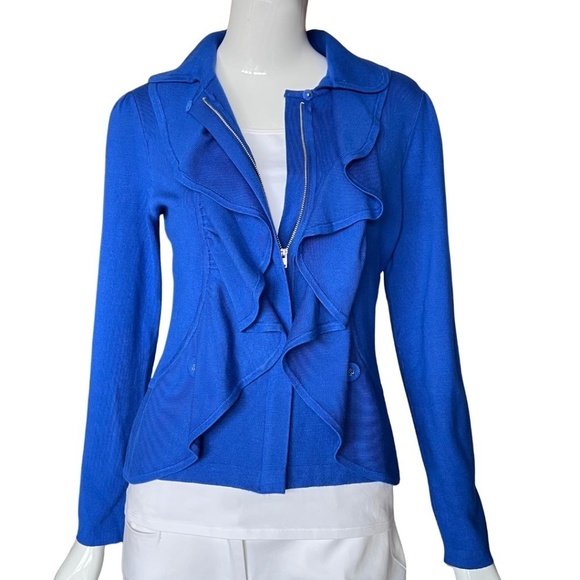 INC International Concepts Blue Ruffled Front Jacket Hidden Zip Size Medium - Picture 2 of 6